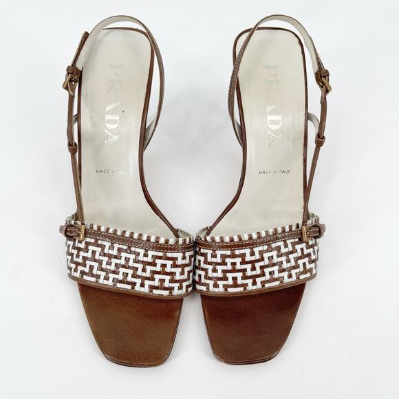 Vintage Prada Brown White Woven Leather Square Toe Slingback Heels IT 36.5 - Picture 5 of 12